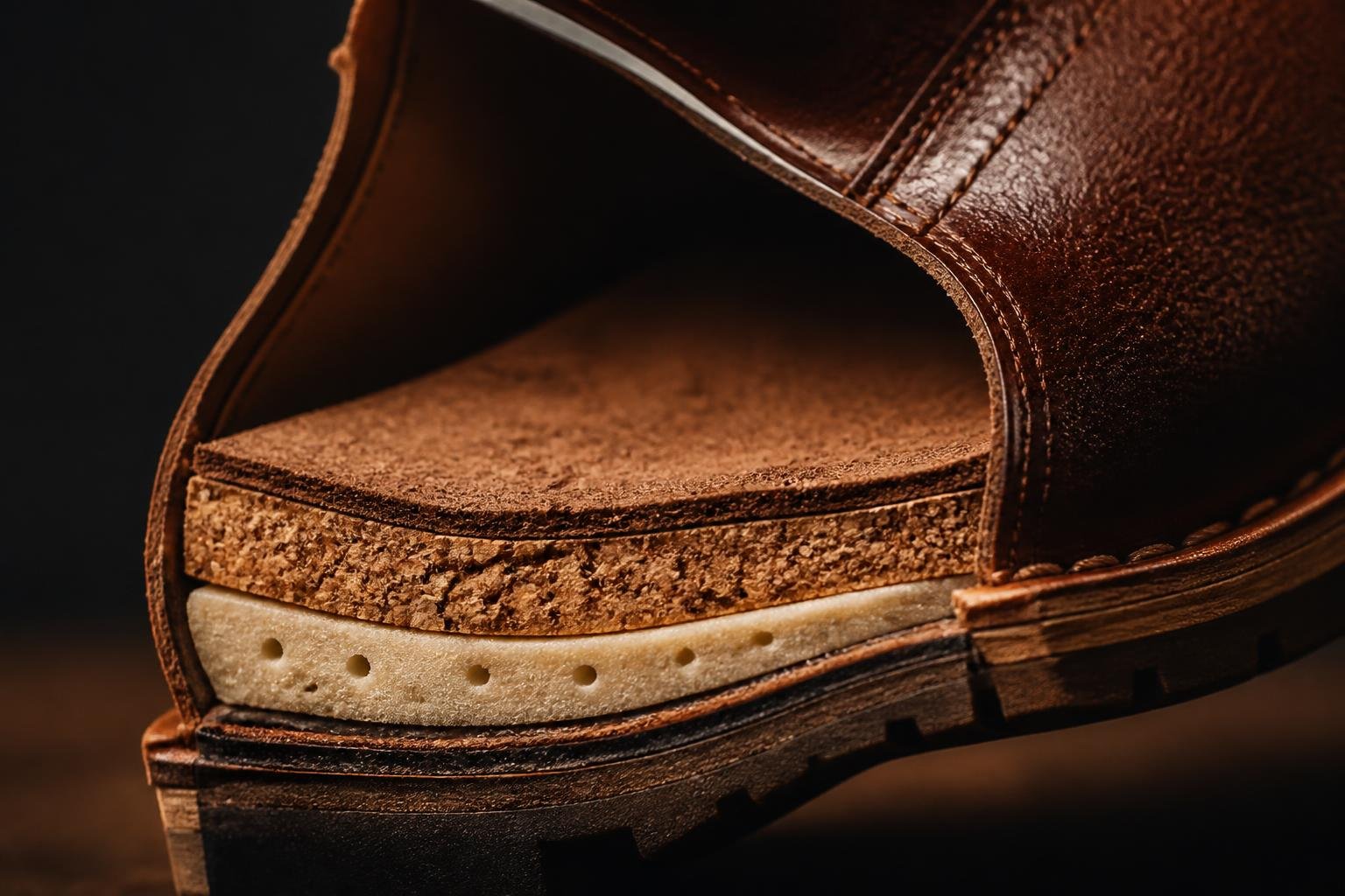 Cross-section of an Edlaro shoe revealing the cork, latex, and flexible sole layers