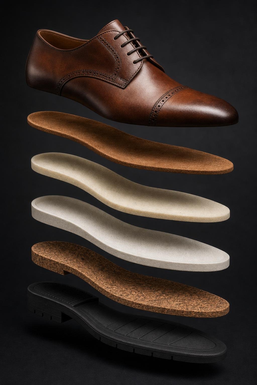 Exploded view of the Edlaro shoe — leather upper, kinetic insole, cork-rubber spine, EVA outsole