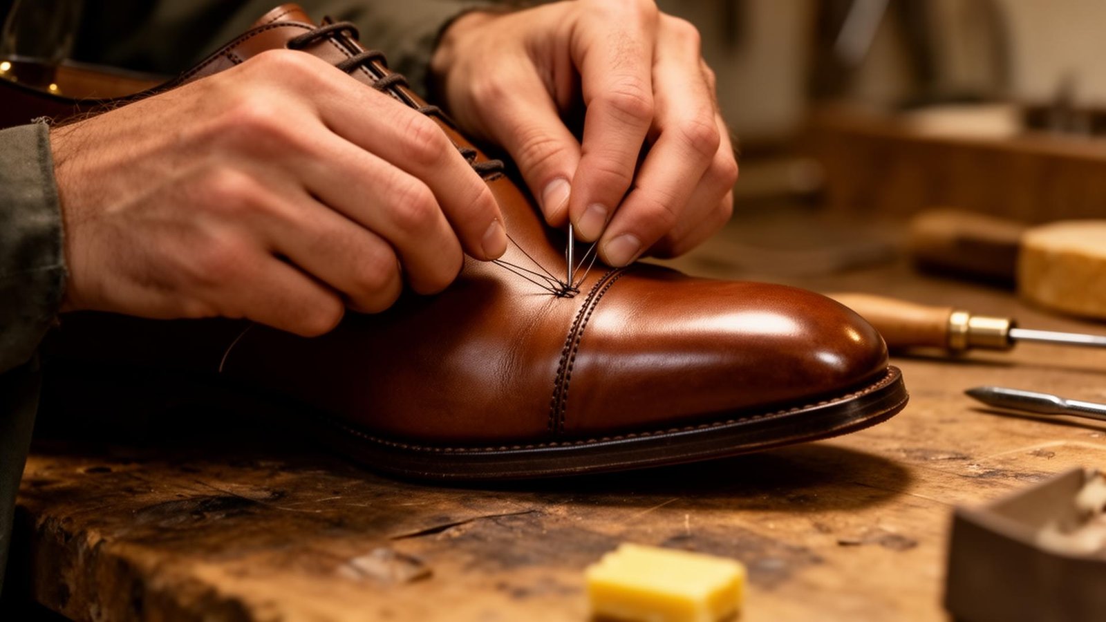 An artisan hand-stitching a brown leather oxford